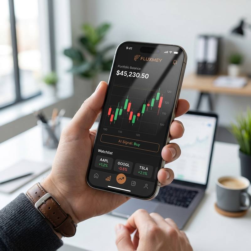 Mano sosteniendo un teléfono con la app de Fluxmey: saldo del portafolio, gráfico de velas, señal de IA y lista de seguimiento